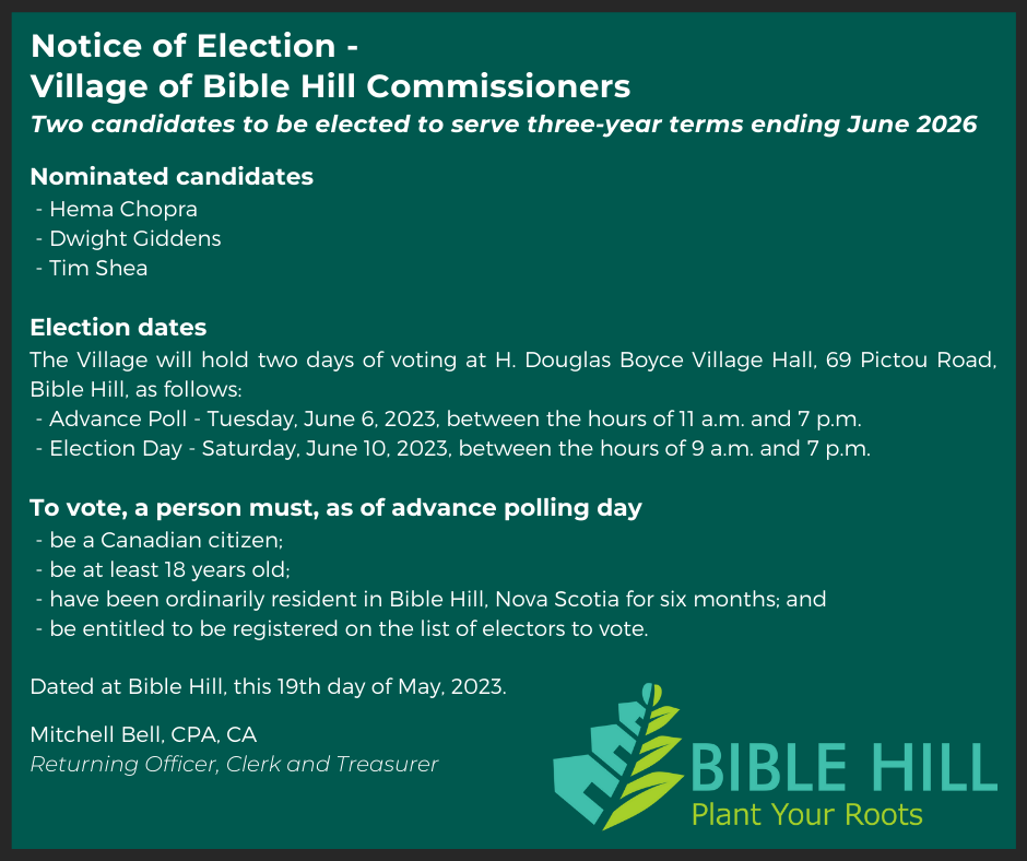 Notice of Election information (as stated above) on a dark green backgrouns with white font, and the teal and green Bible Hill Logo in the bottom right corner